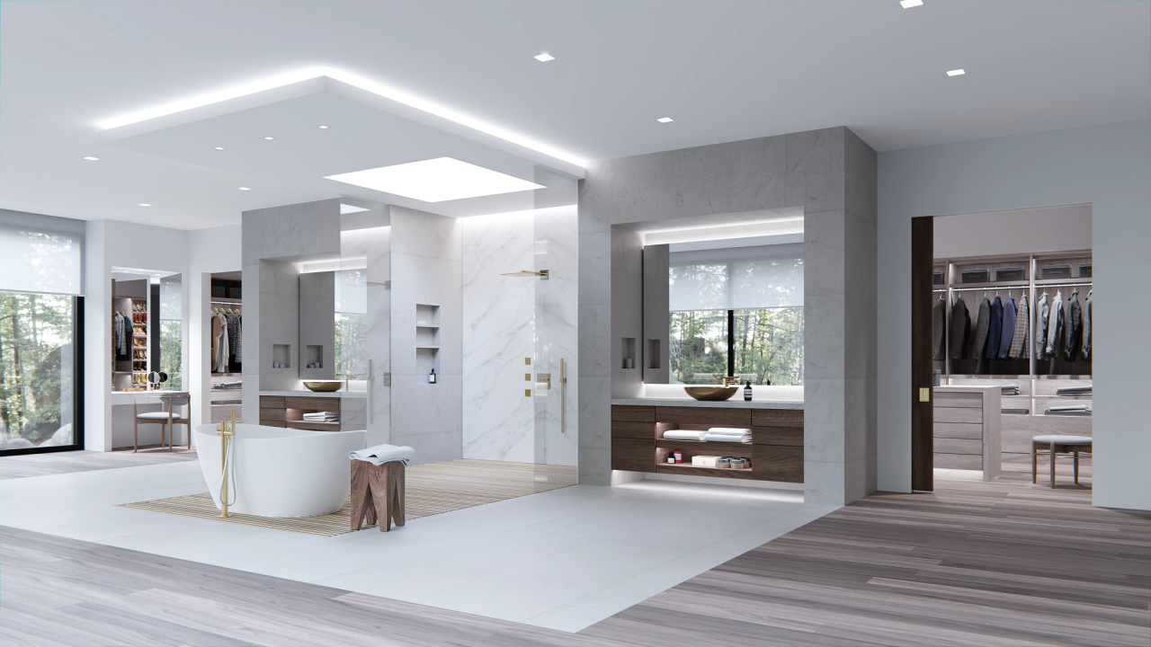 A large bathroom with Lutron shades partially drawn.